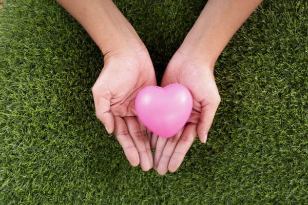 Man erkennt zwei Hände auf einem grünen Rasen. In den Händen befindet sich ein rosa Herz.