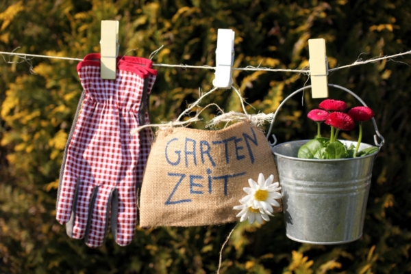 Zu sehen sind Kübelpflanzen, Handschuh und ein Täschchen mit der Aufschrift "Gartenzeit".